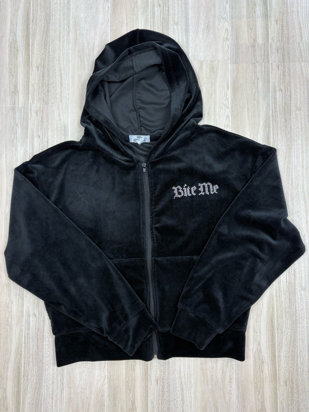 Black 'Bite Me' Bling Velour Zip Hoodie Medium McBling Y2K Style Mall Goth